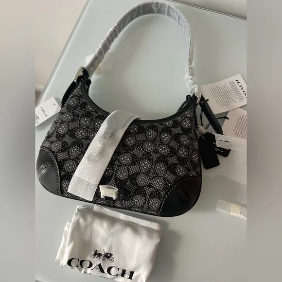 Coach Black Crystal Signature Jacquard Hamptons Hobo Shoulder Bag - Picture 3 of 9